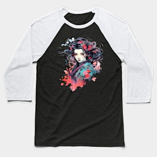 Japanese Kimono Beauty Splash Watercolor Baseball T-Shirt